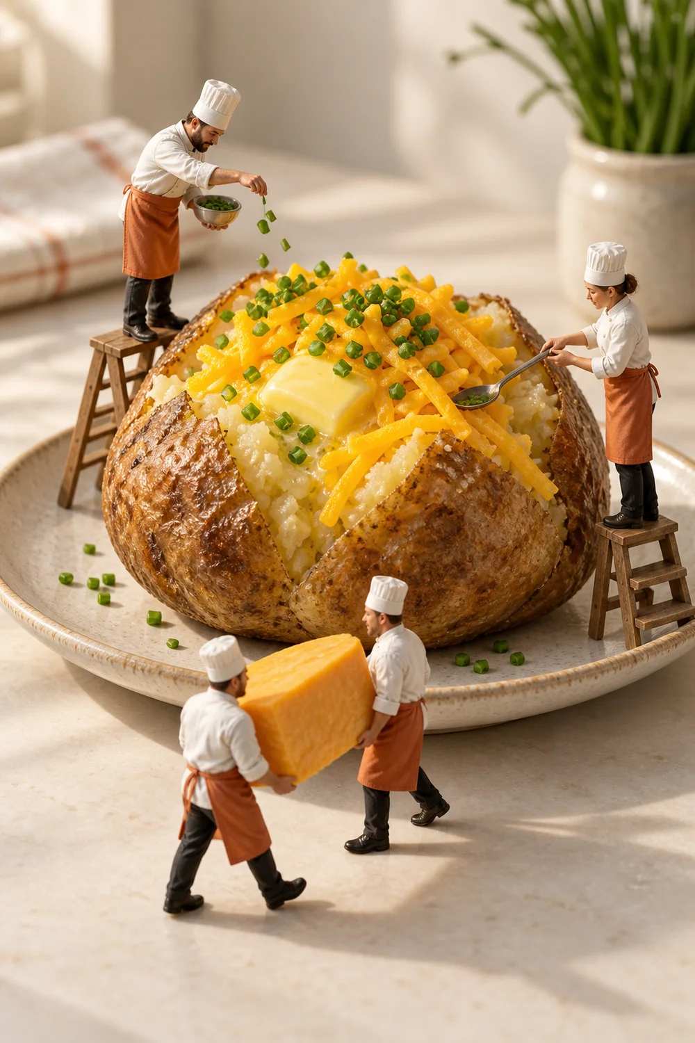 Miniature chefs preparing a proper jacket potato in a warm cream kitchen.