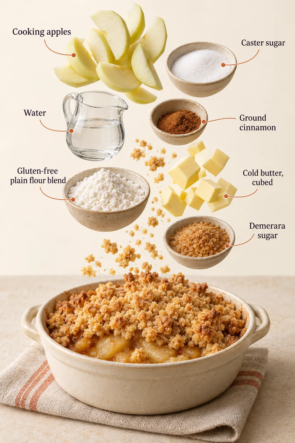 Exploded ingredient illustration for apple crumble; the written recipe provides the full list and quantities.