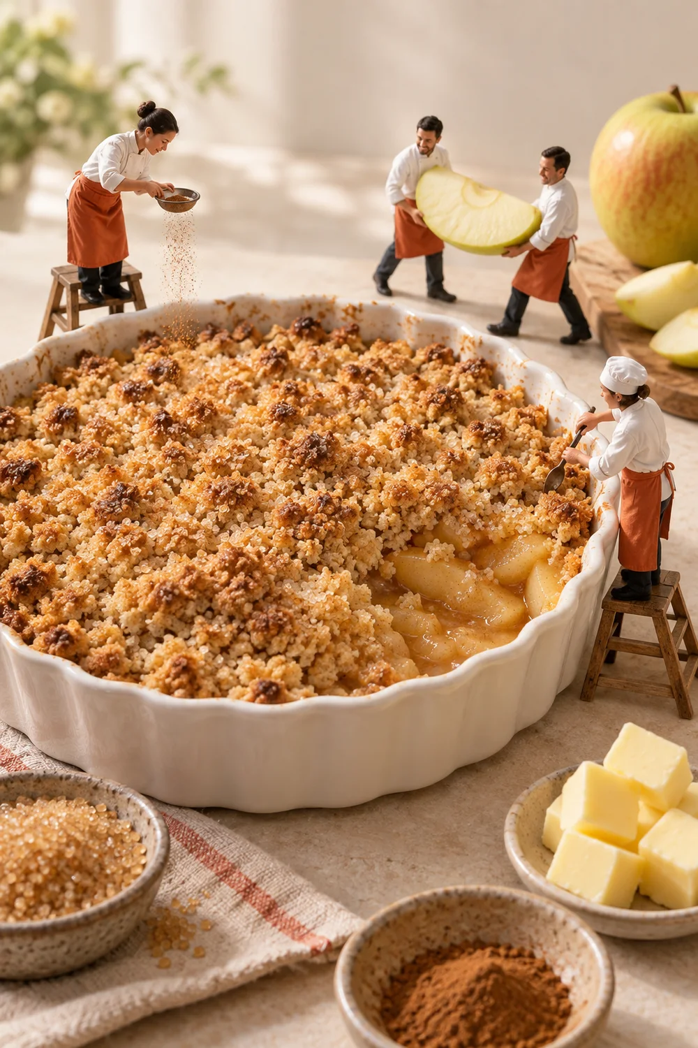Miniature chefs preparing apple crumble in a warm cream kitchen.