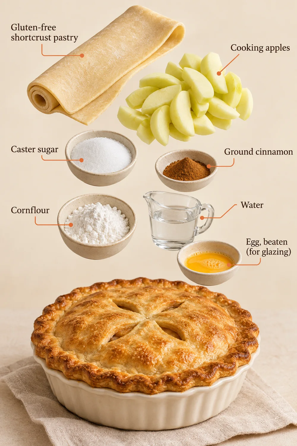 Exploded ingredient illustration for apple pie; the written recipe provides the full list and quantities.