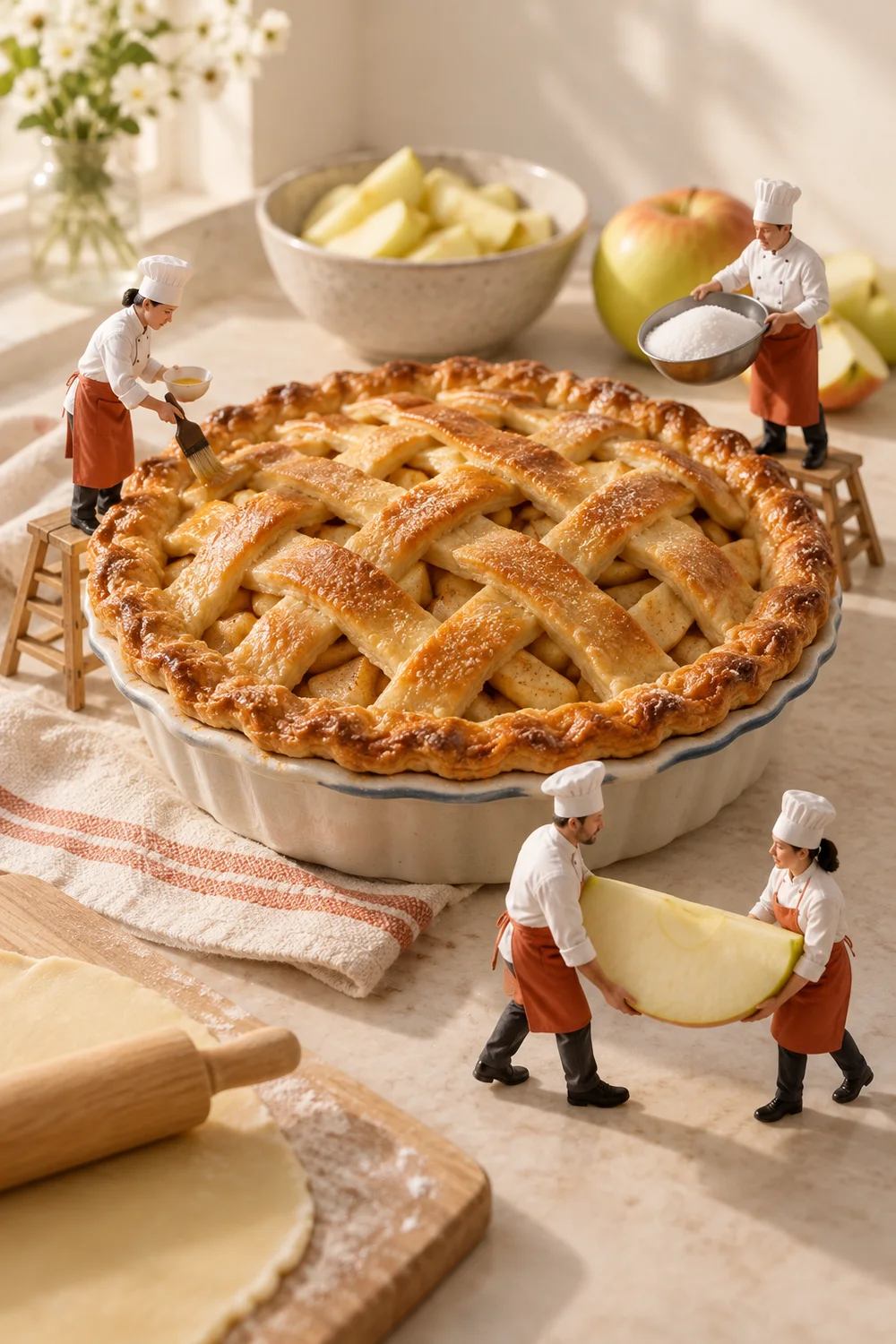 Miniature chefs preparing apple pie in a warm cream kitchen.