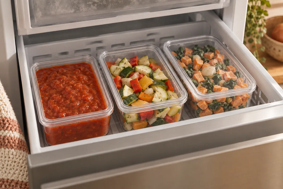 An organised freezer drawer with separate covered food containers.