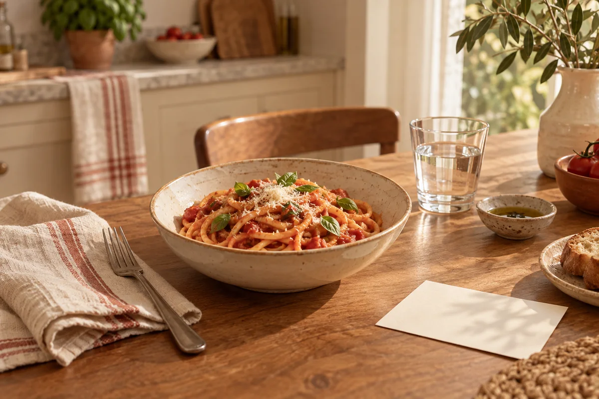A simple bowl of pasta at a calm kitchen table.