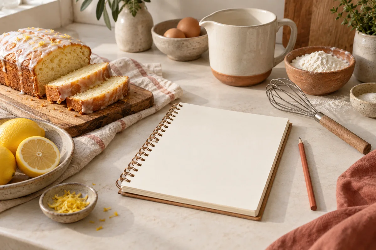 A recipe notebook beside a lemon loaf, whisk and measuring jug.