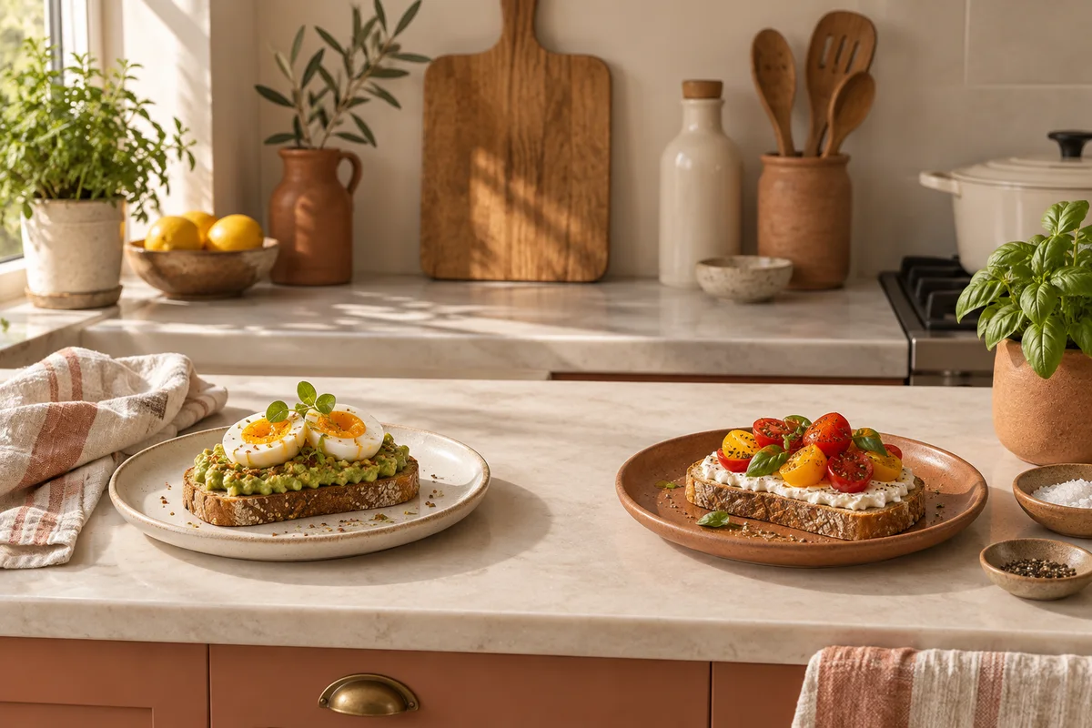 A clean shared kitchen counter with separate plates and utensils.