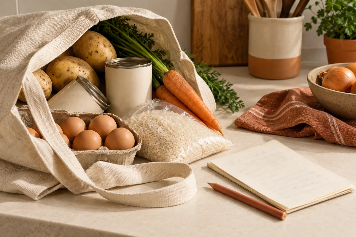 A canvas shopping bag with ordinary ingredients and a shopping list.