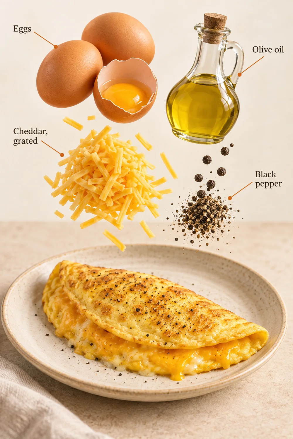Exploded ingredient illustration for cheese omelette; the written recipe provides the full list and quantities.