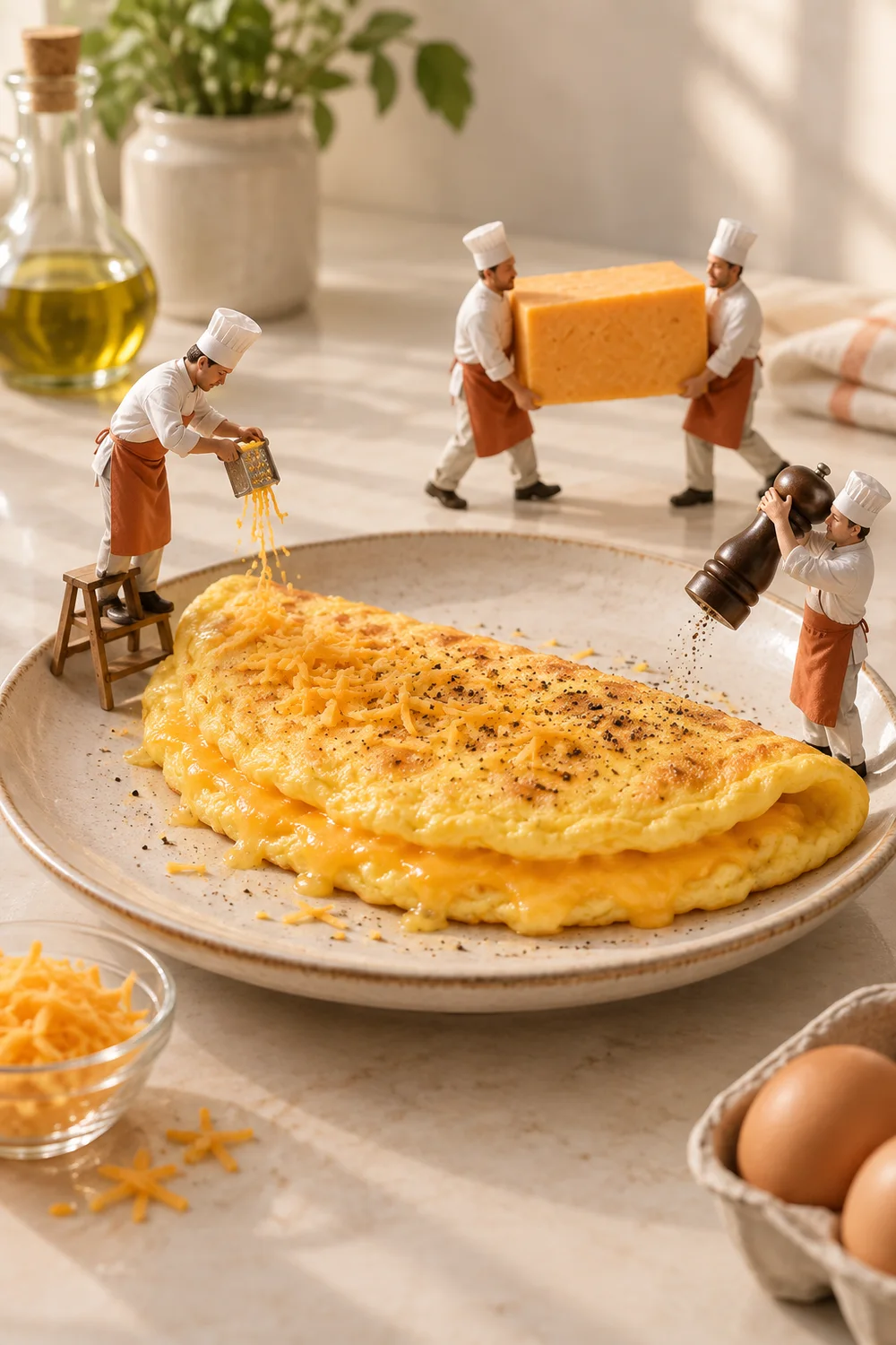 Miniature chefs preparing cheese omelette in a warm cream kitchen.