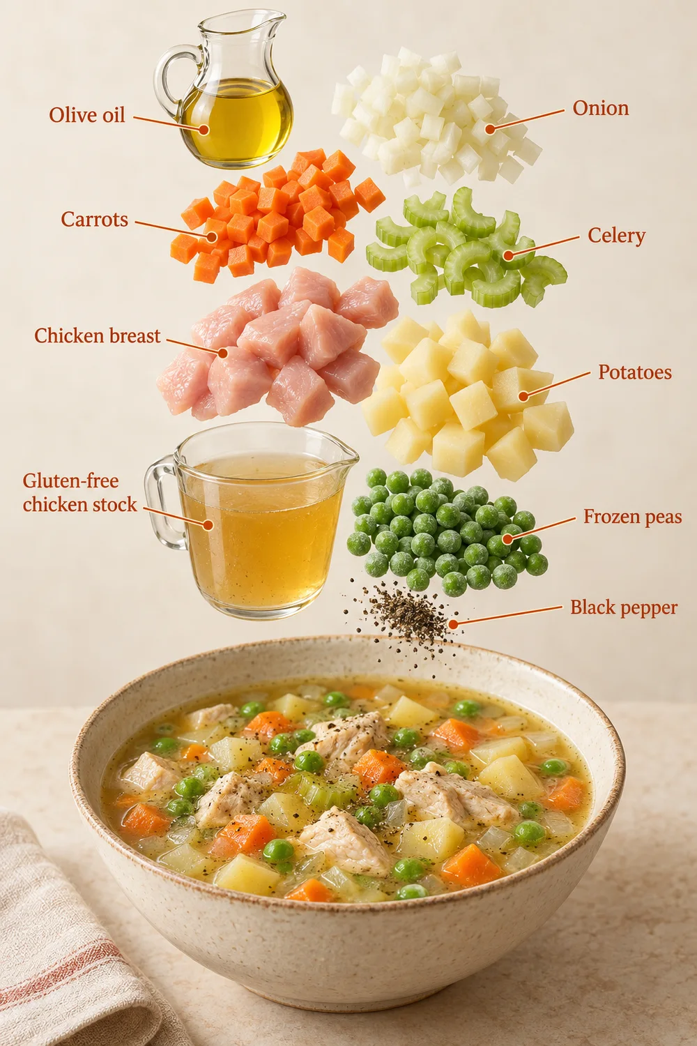 Exploded ingredient illustration for chicken & vegetable soup; the written recipe provides the full list and quantities.
