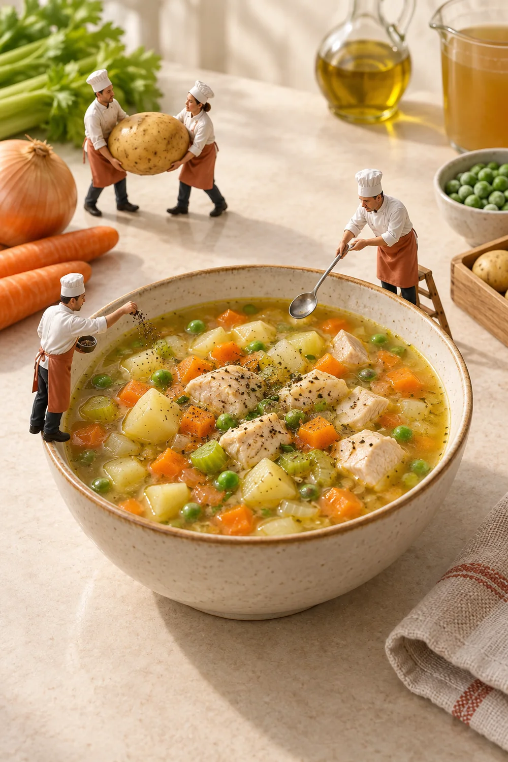 Miniature chefs preparing chicken & vegetable soup in a warm cream kitchen.