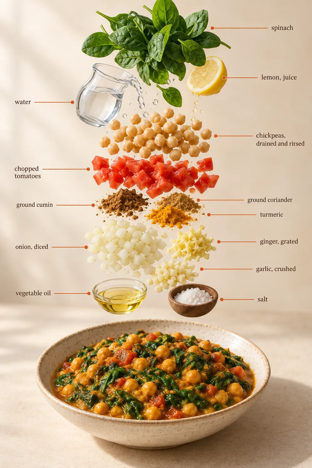Exploded ingredient illustration for chickpea & spinach curry; the written recipe provides the full list and quantities.