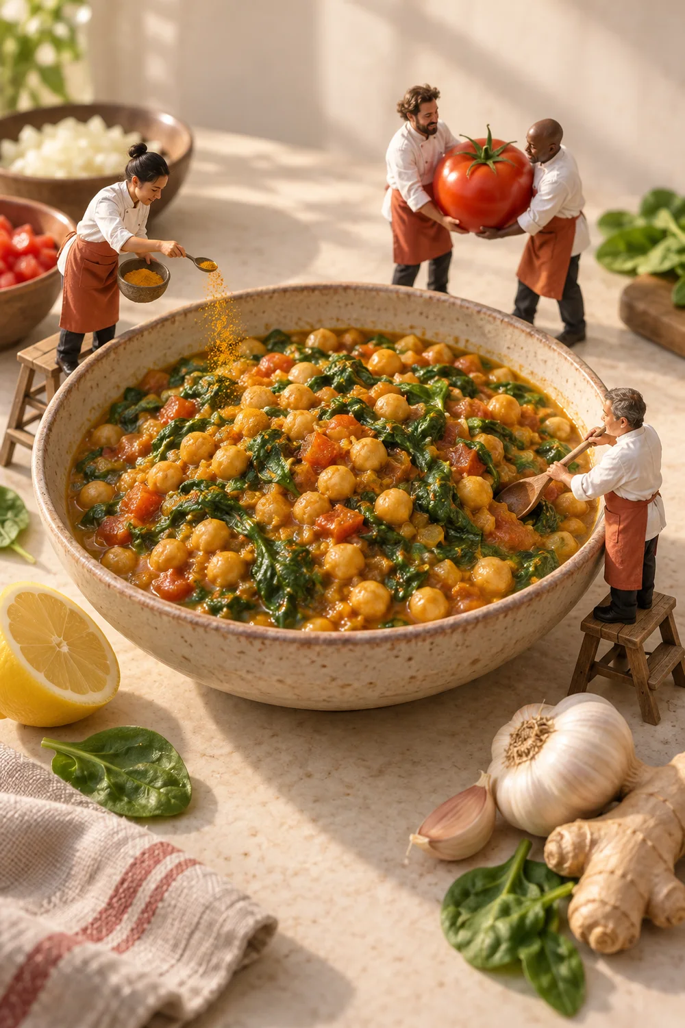 Miniature chefs preparing chickpea & spinach curry in a warm cream kitchen.
