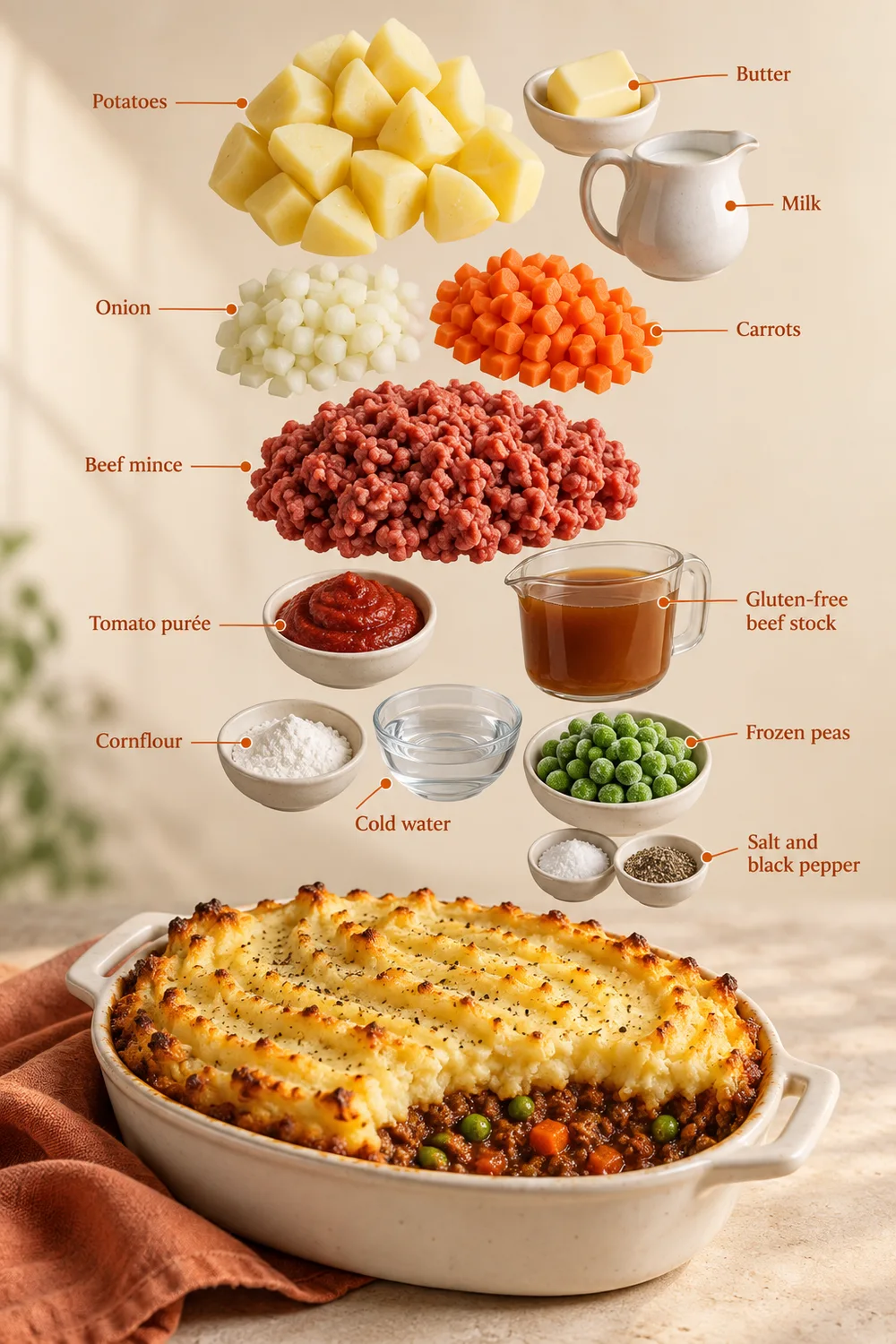 Exploded ingredient illustration for cottage pie; the written recipe provides the full list and quantities.