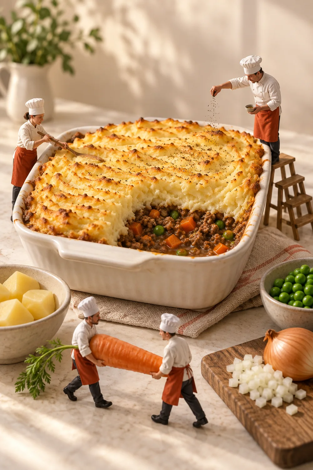 Miniature chefs preparing cottage pie in a warm cream kitchen.