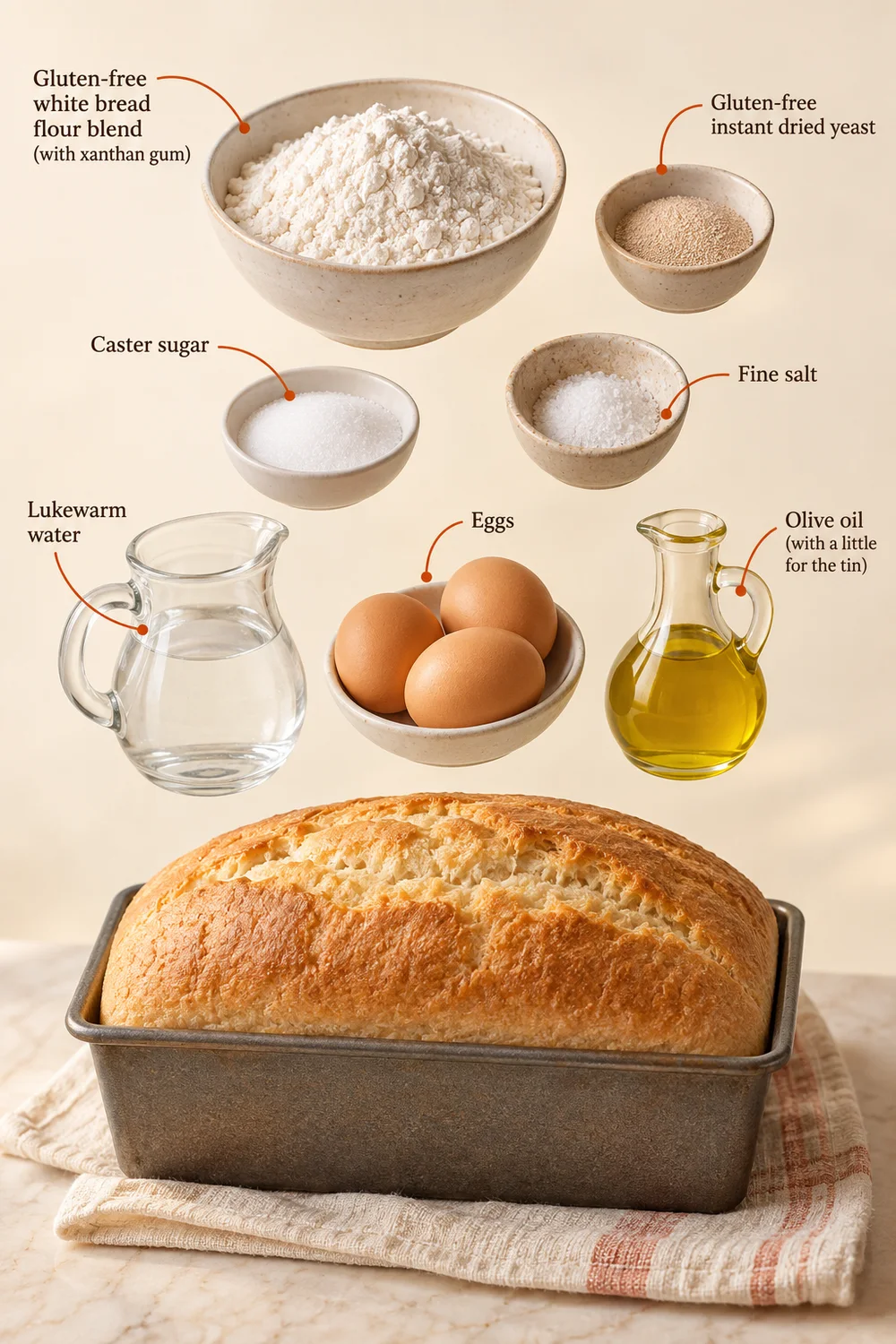 Exploded ingredient illustration for everyday sandwich loaf; the written recipe provides the full list and quantities.
