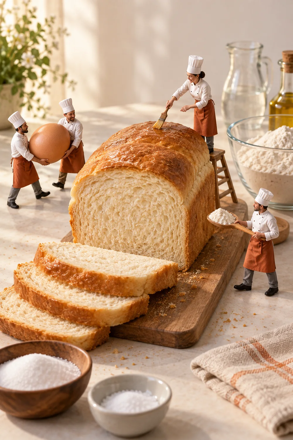 Miniature chefs preparing everyday sandwich loaf in a warm cream kitchen.