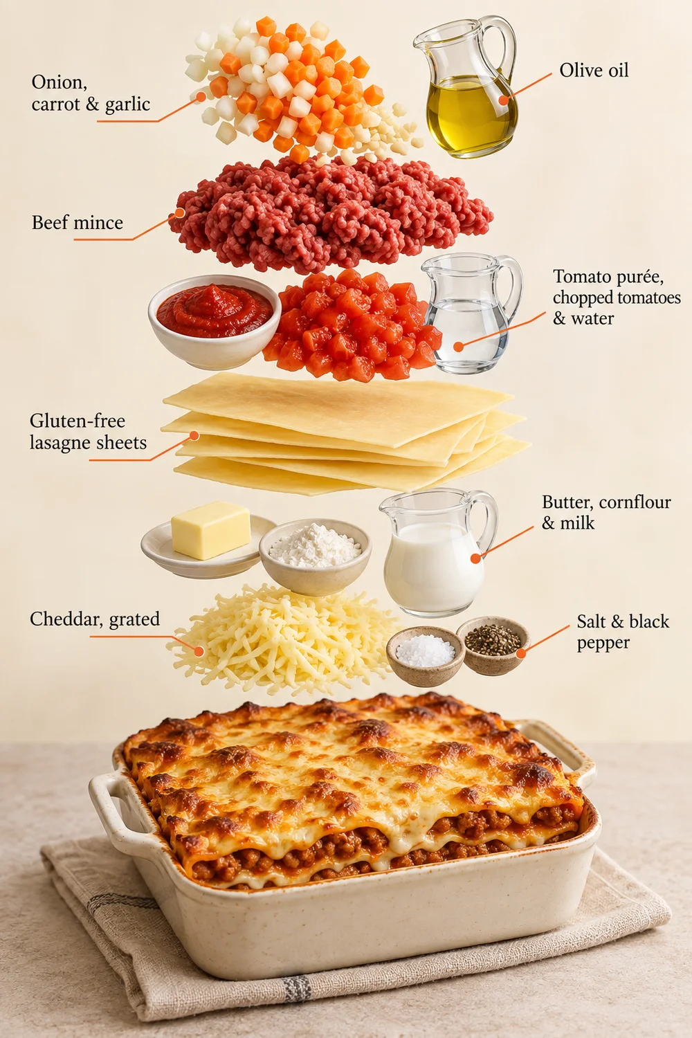 Exploded ingredient illustration for lasagne; the written recipe provides the full list and quantities.