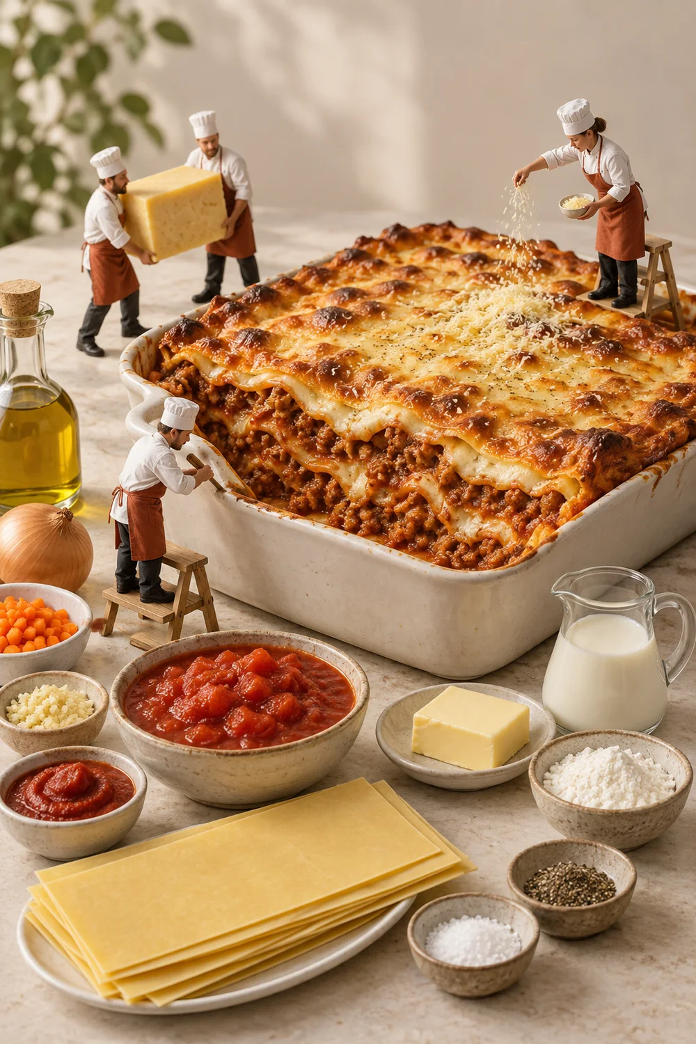 Miniature chefs preparing lasagne in a warm cream kitchen.