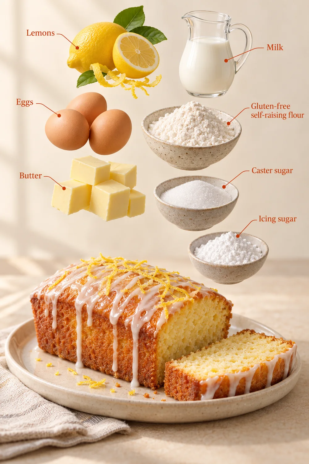 Exploded ingredient illustration for lemon drizzle loaf; the written recipe provides the full list and quantities.
