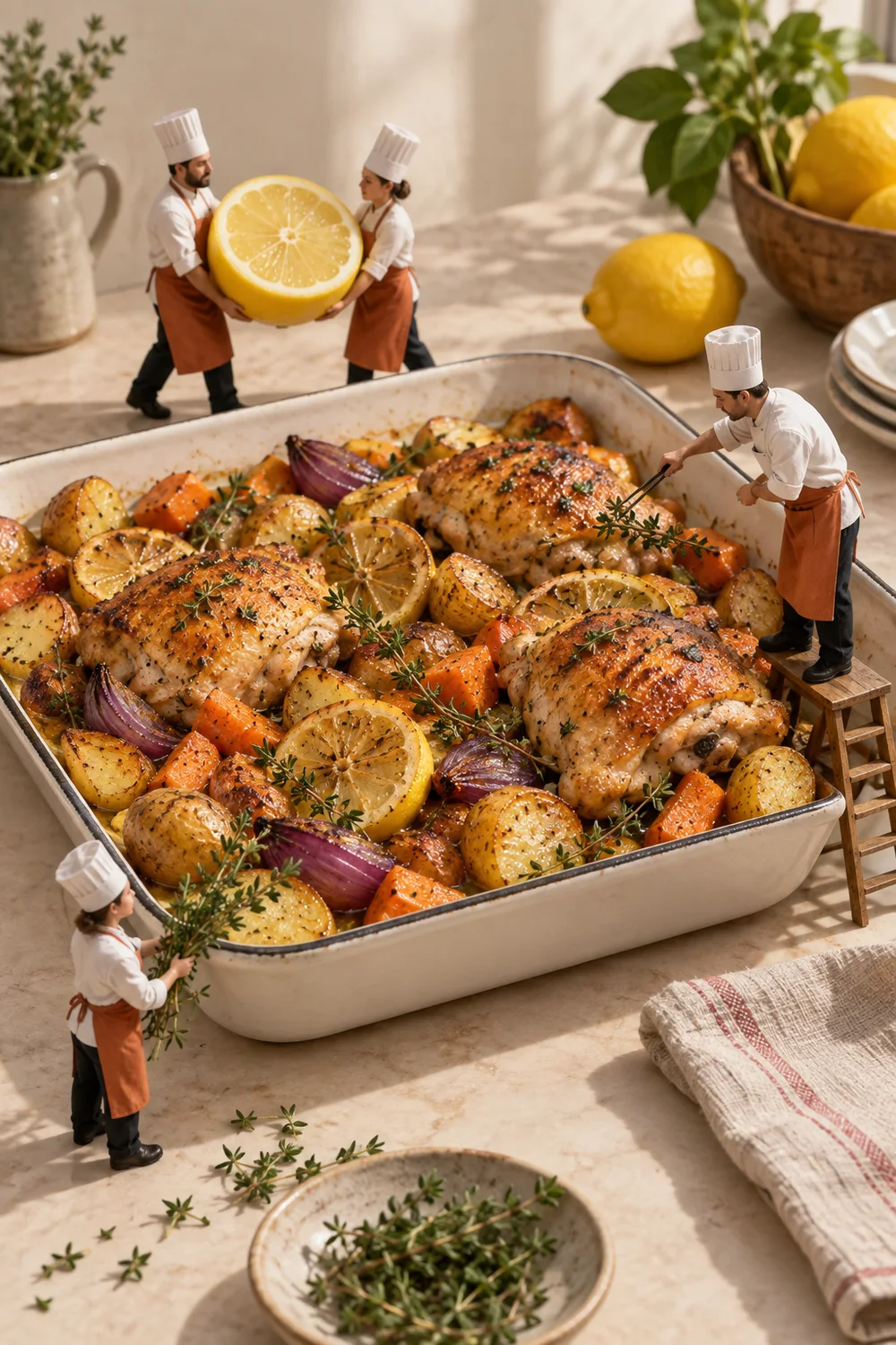 Miniature chefs preparing lemon chicken traybake in a warm cream kitchen.