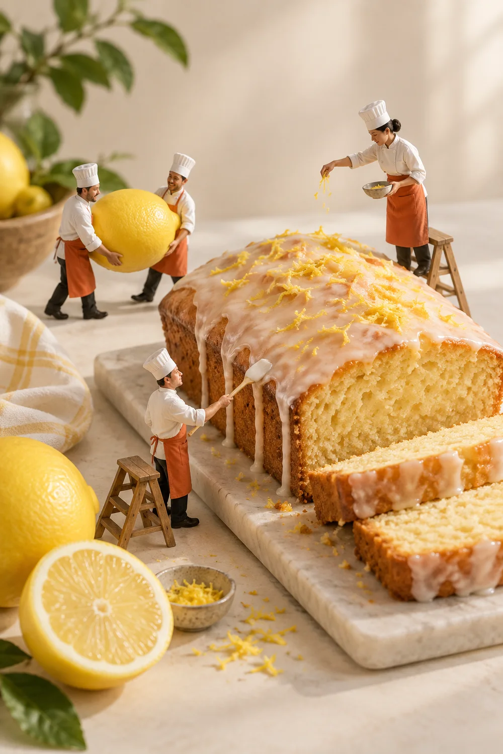 Miniature chefs preparing lemon drizzle loaf in a warm cream kitchen.