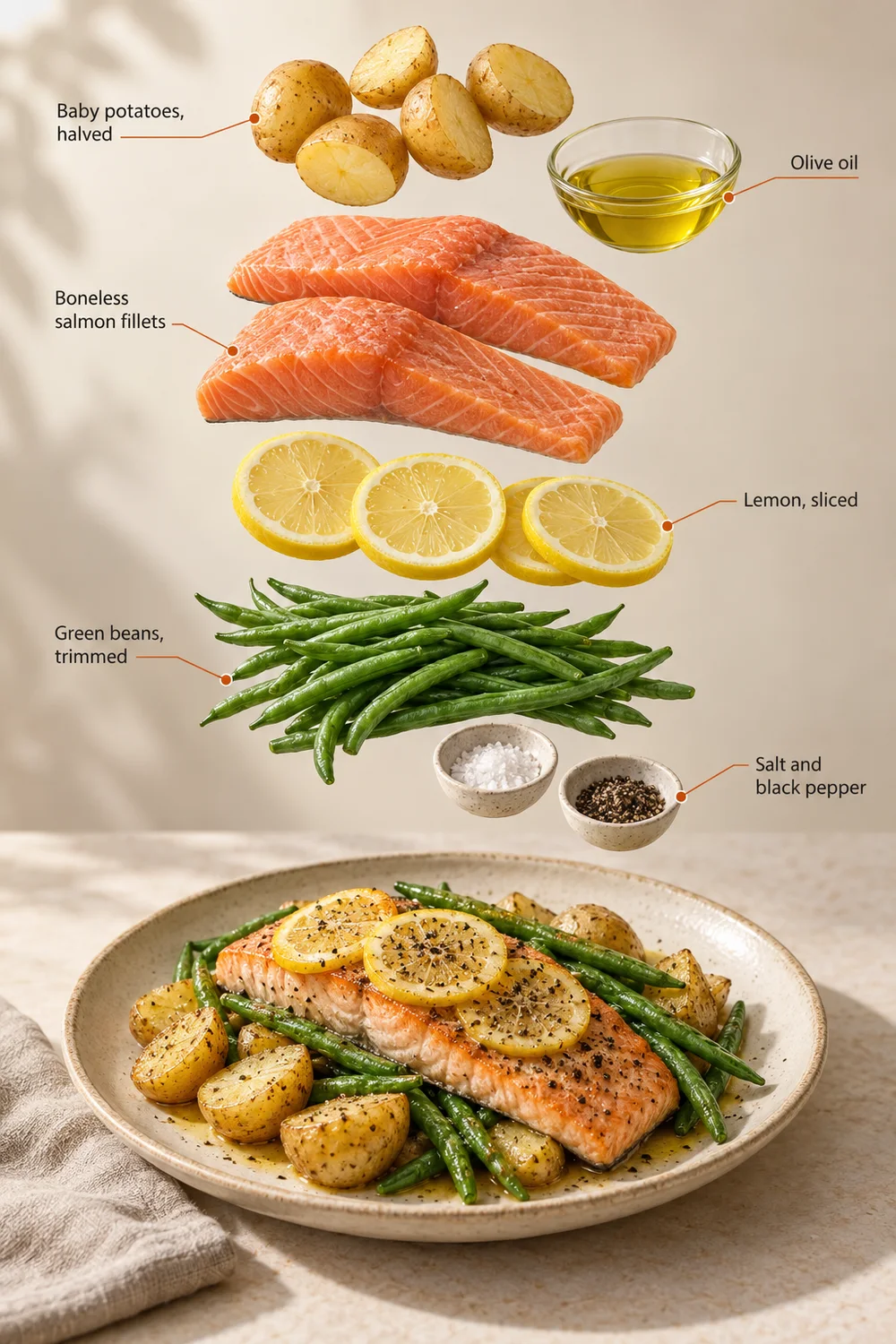 Exploded ingredient illustration for lemon salmon & potatoes; the written recipe provides the full list and quantities.