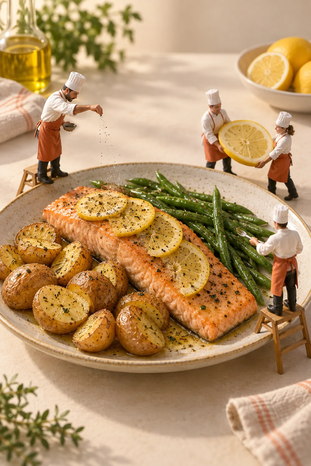 Miniature chefs preparing lemon salmon & potatoes in a warm cream kitchen.
