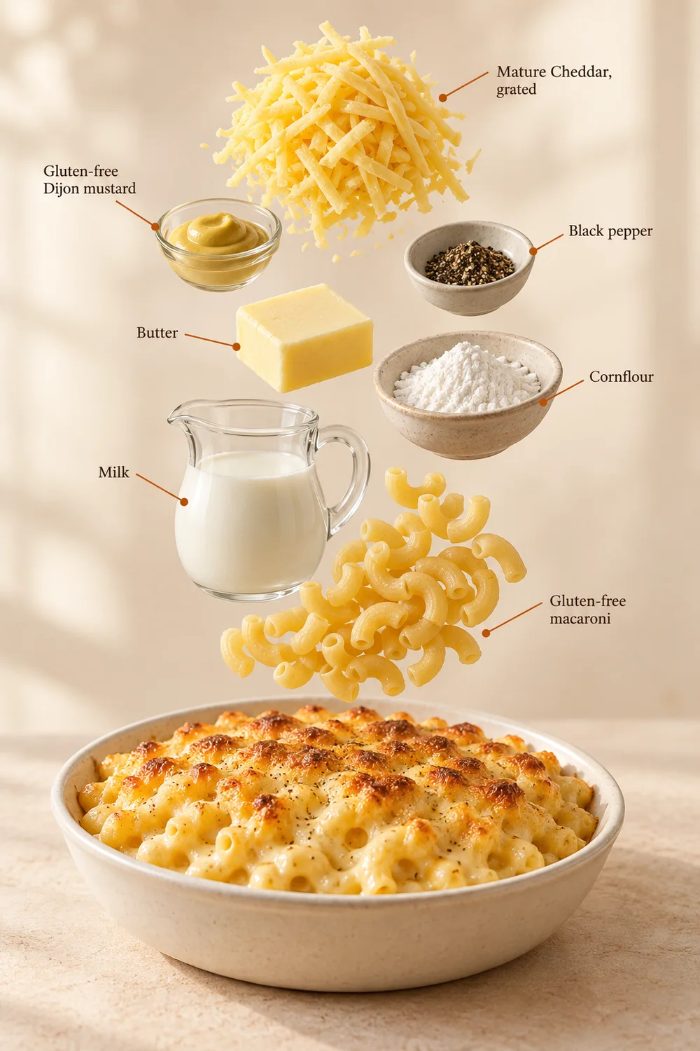 Exploded ingredient illustration for macaroni cheese; the written recipe provides the full list and quantities.