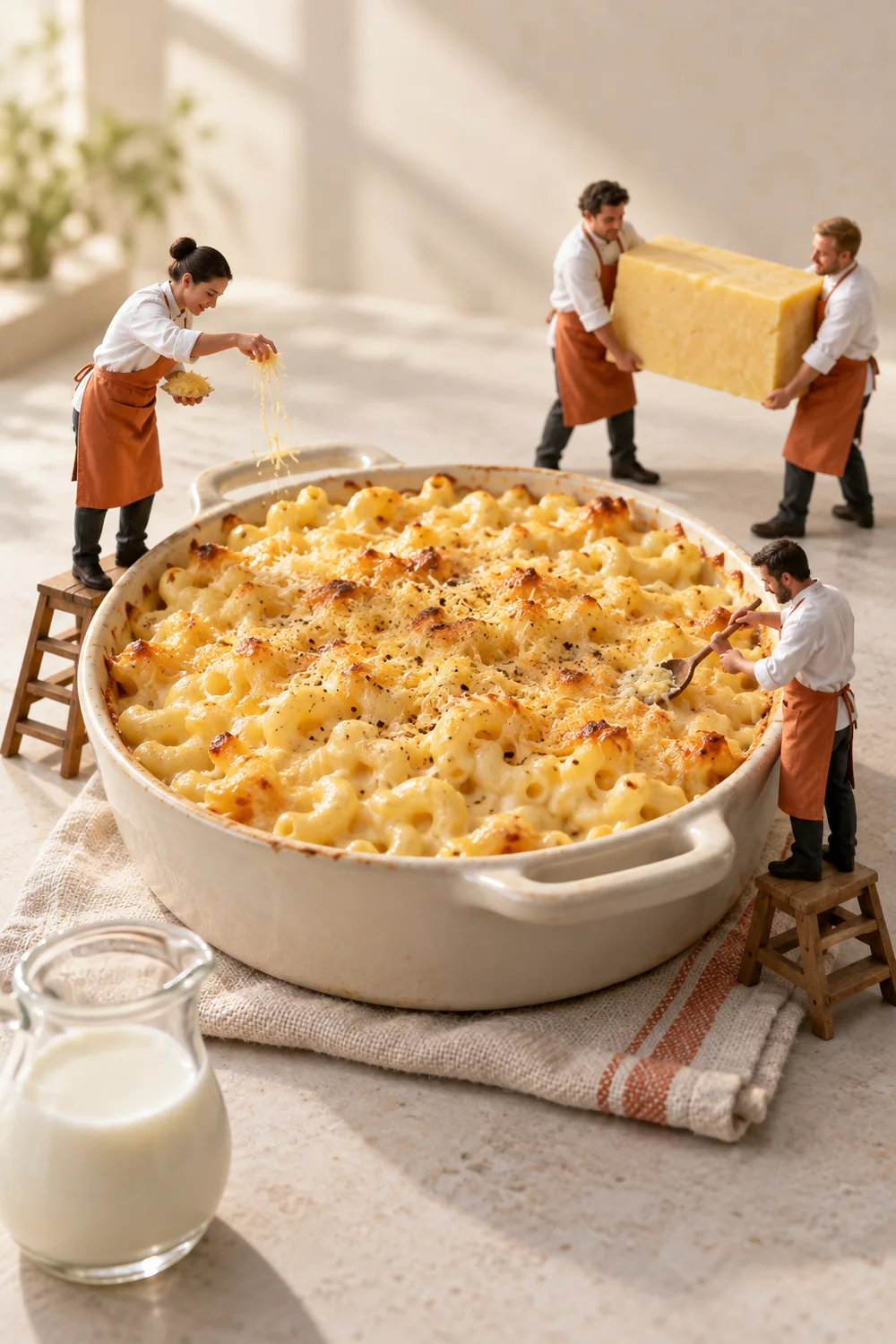 Miniature chefs preparing macaroni cheese in a warm cream kitchen.