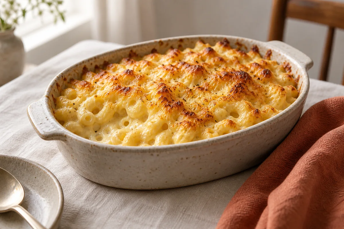 Finished macaroni cheese in the GlutaFree kitchen style.