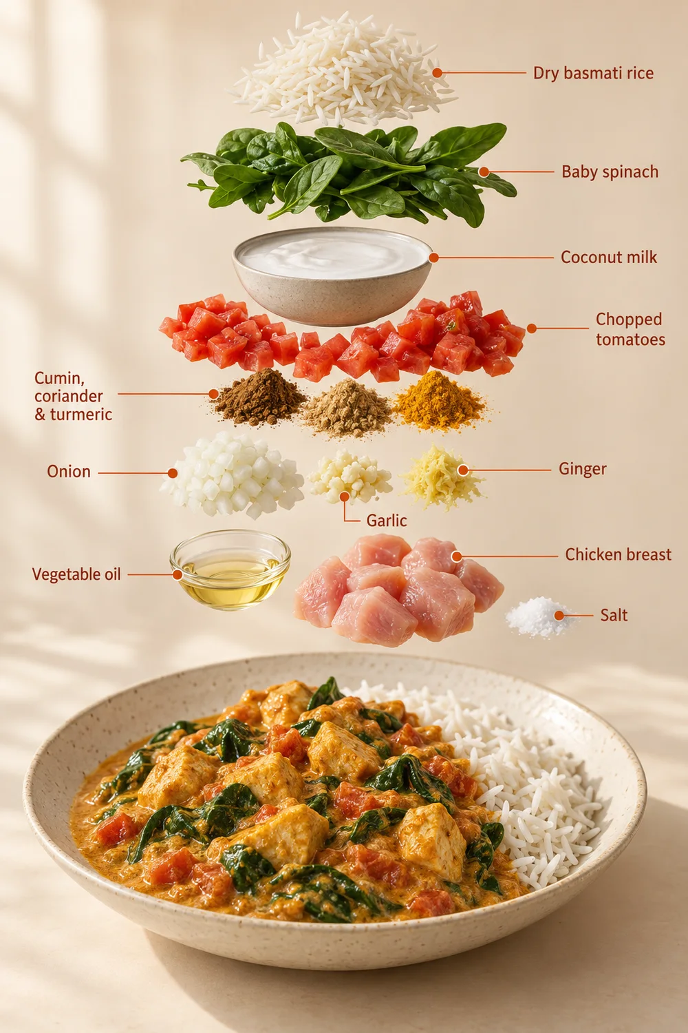 Exploded ingredient illustration for mild chicken curry; the written recipe provides the full list and quantities.