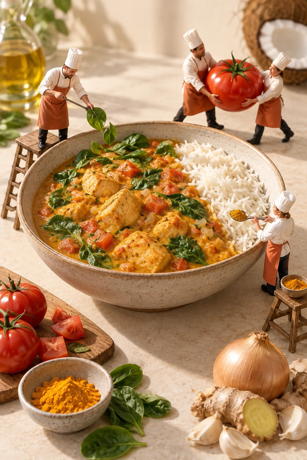 Miniature chefs preparing mild chicken curry in a warm cream kitchen.