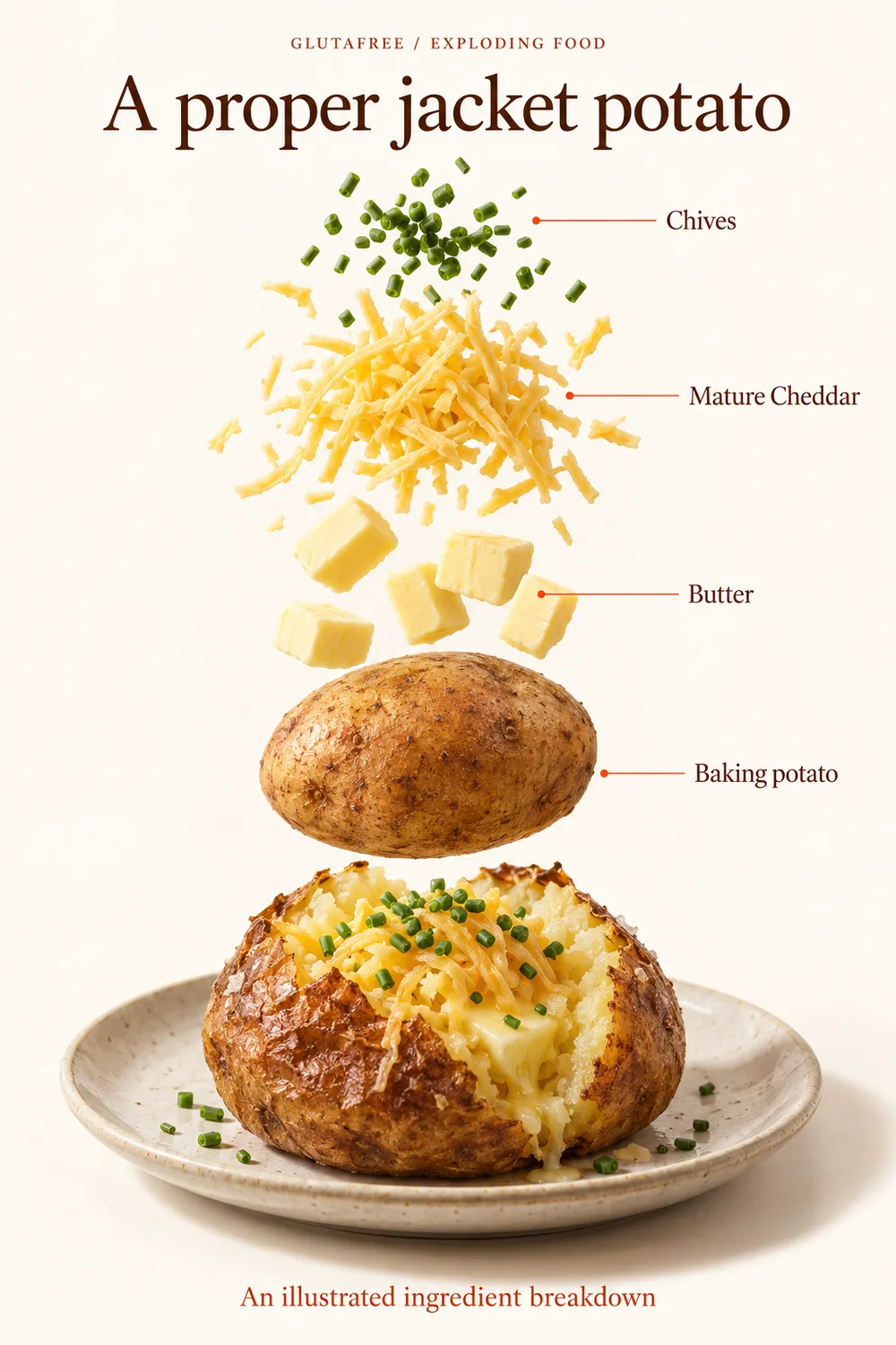 Exploded ingredient illustration for a proper jacket potato; the written recipe provides the full list and quantities.