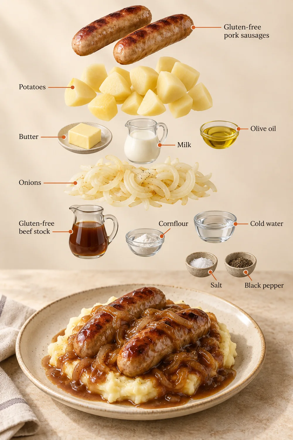 Exploded ingredient illustration for sausage, mash & onion gravy; the written recipe provides the full list and quantities.
