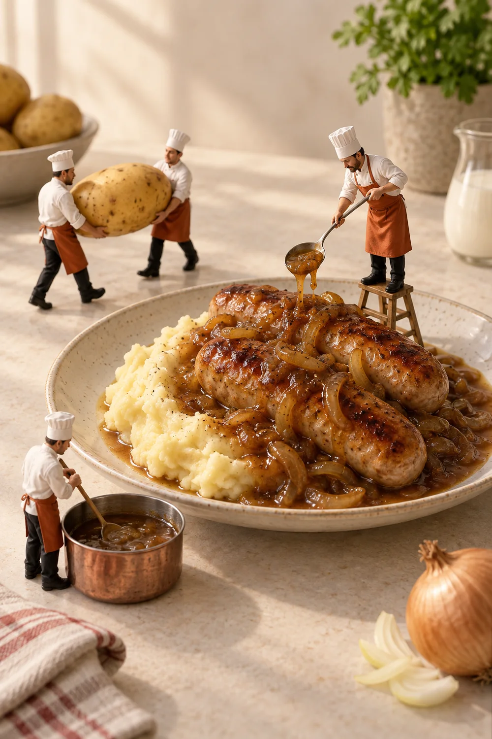 Miniature chefs preparing sausage, mash & onion gravy in a warm cream kitchen.