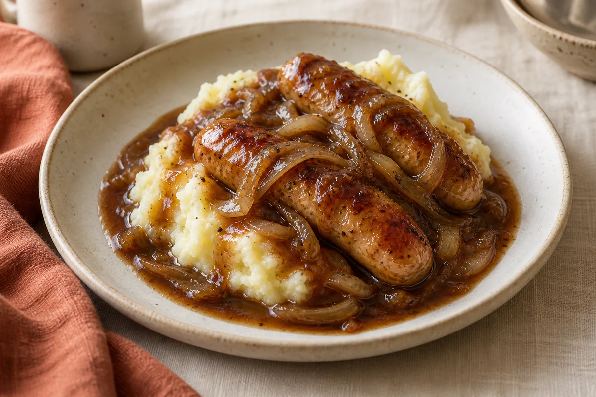 Finished sausage, mash & onion gravy in the GlutaFree kitchen style.