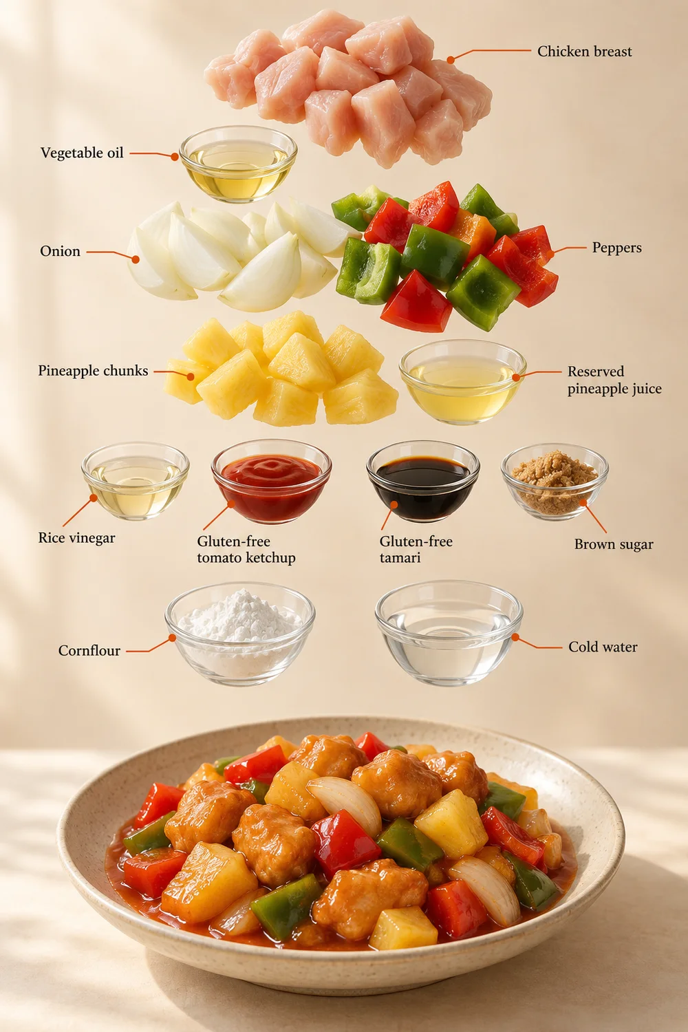 Exploded ingredient illustration for sweet & sour chicken; the written recipe provides the full list and quantities.
