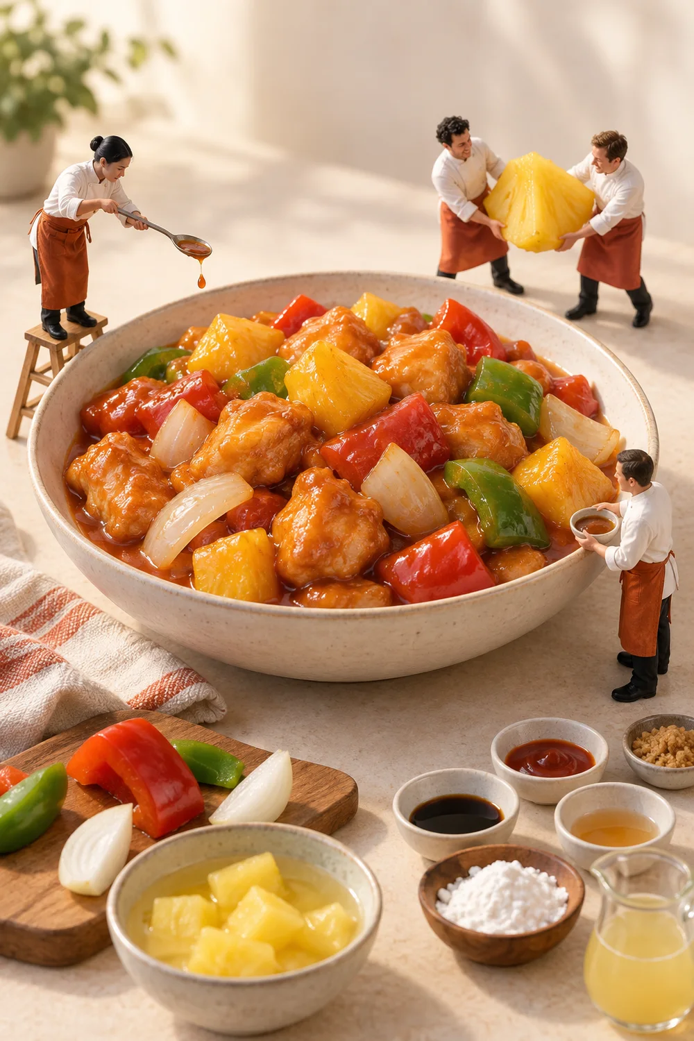 Miniature chefs preparing sweet & sour chicken in a warm cream kitchen.