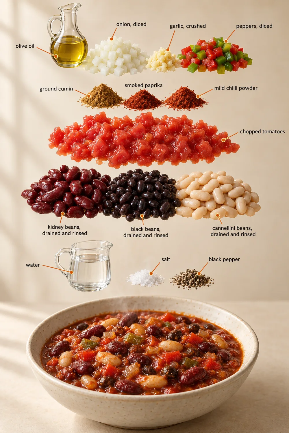 Exploded ingredient illustration for three-bean chilli; the written recipe provides the full list and quantities.