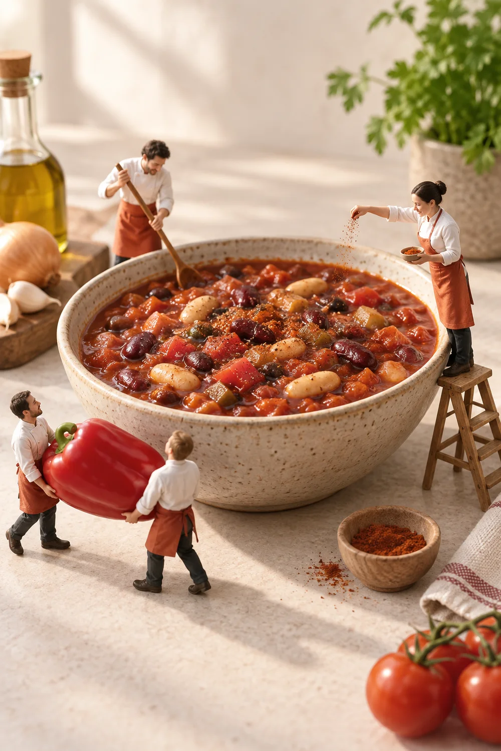 Miniature chefs preparing three-bean chilli in a warm cream kitchen.