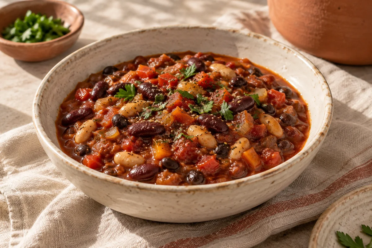 Finished three-bean chilli in the GlutaFree kitchen style.