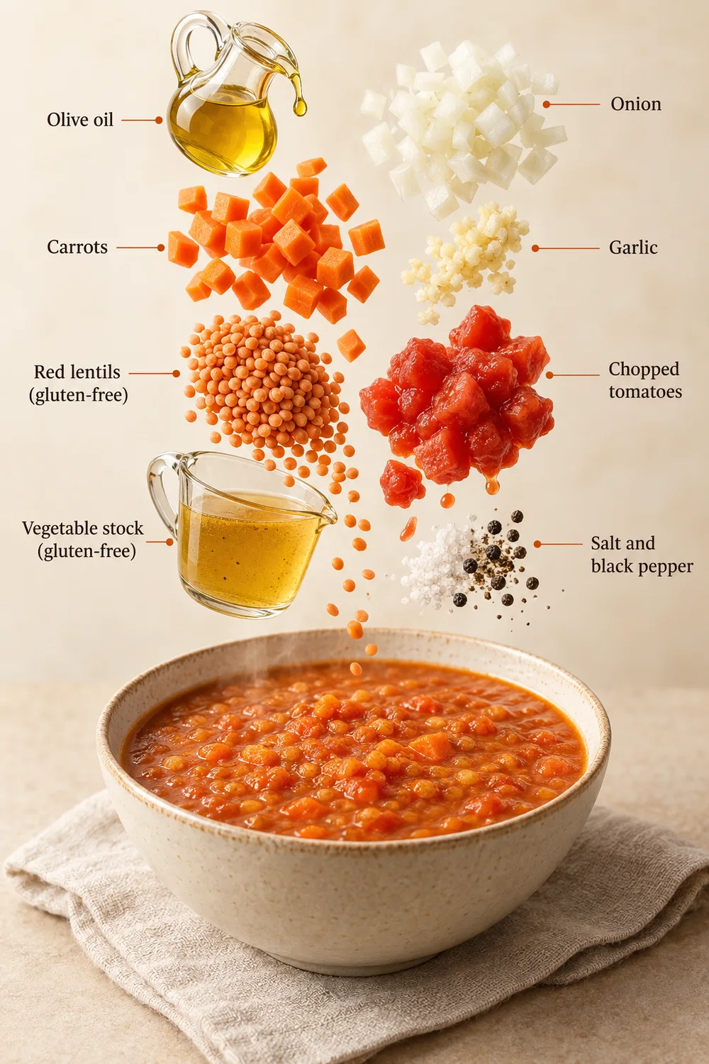 Exploded ingredient illustration for tomato & red lentil soup; the written recipe provides the full list and quantities.