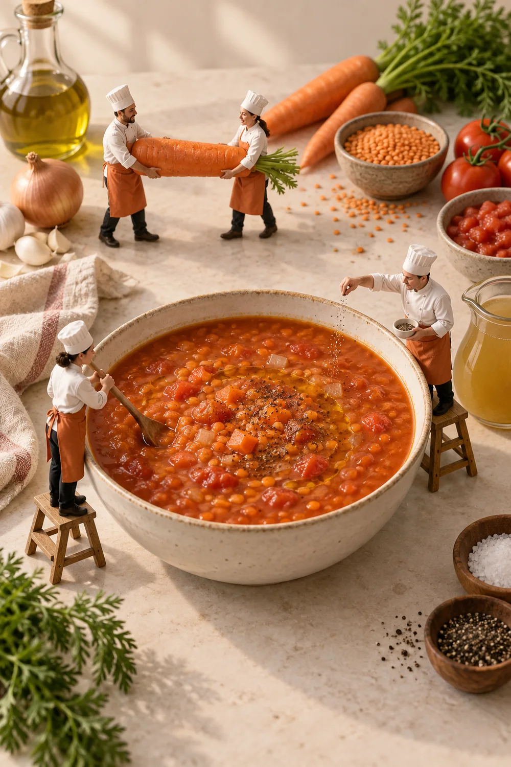 Miniature chefs preparing tomato & red lentil soup in a warm cream kitchen.