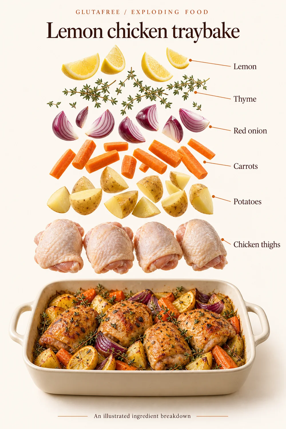 Exploded ingredient illustration for lemon chicken traybake; the written recipe provides the full list and quantities.