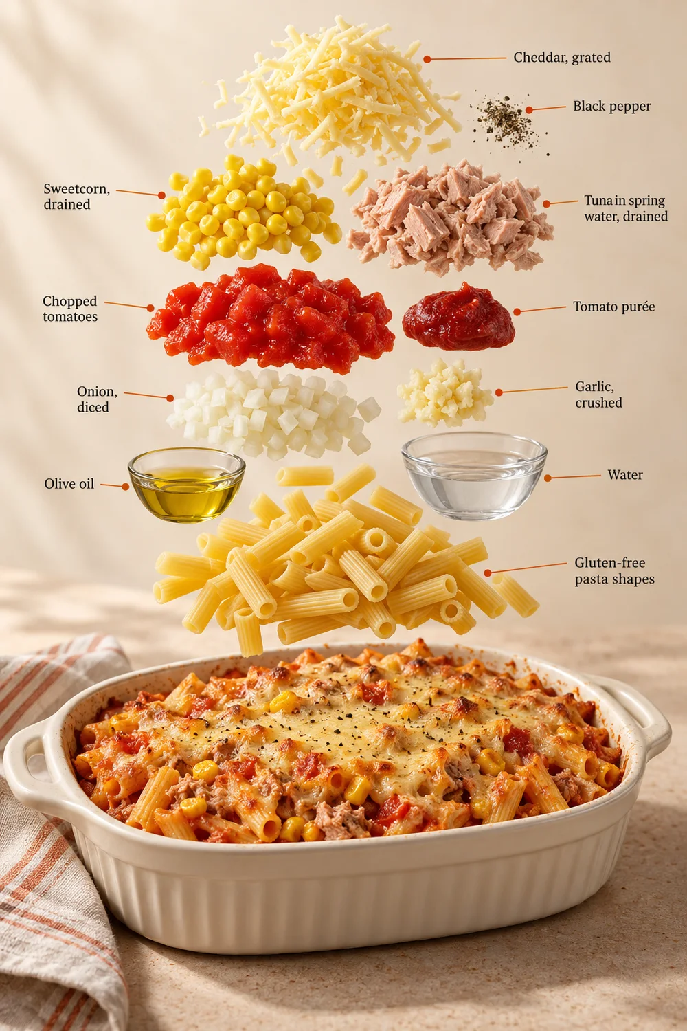 Exploded ingredient illustration for tuna pasta bake; the written recipe provides the full list and quantities.