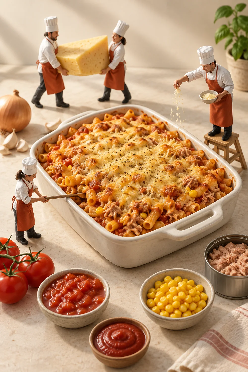Miniature chefs preparing tuna pasta bake in a warm cream kitchen.