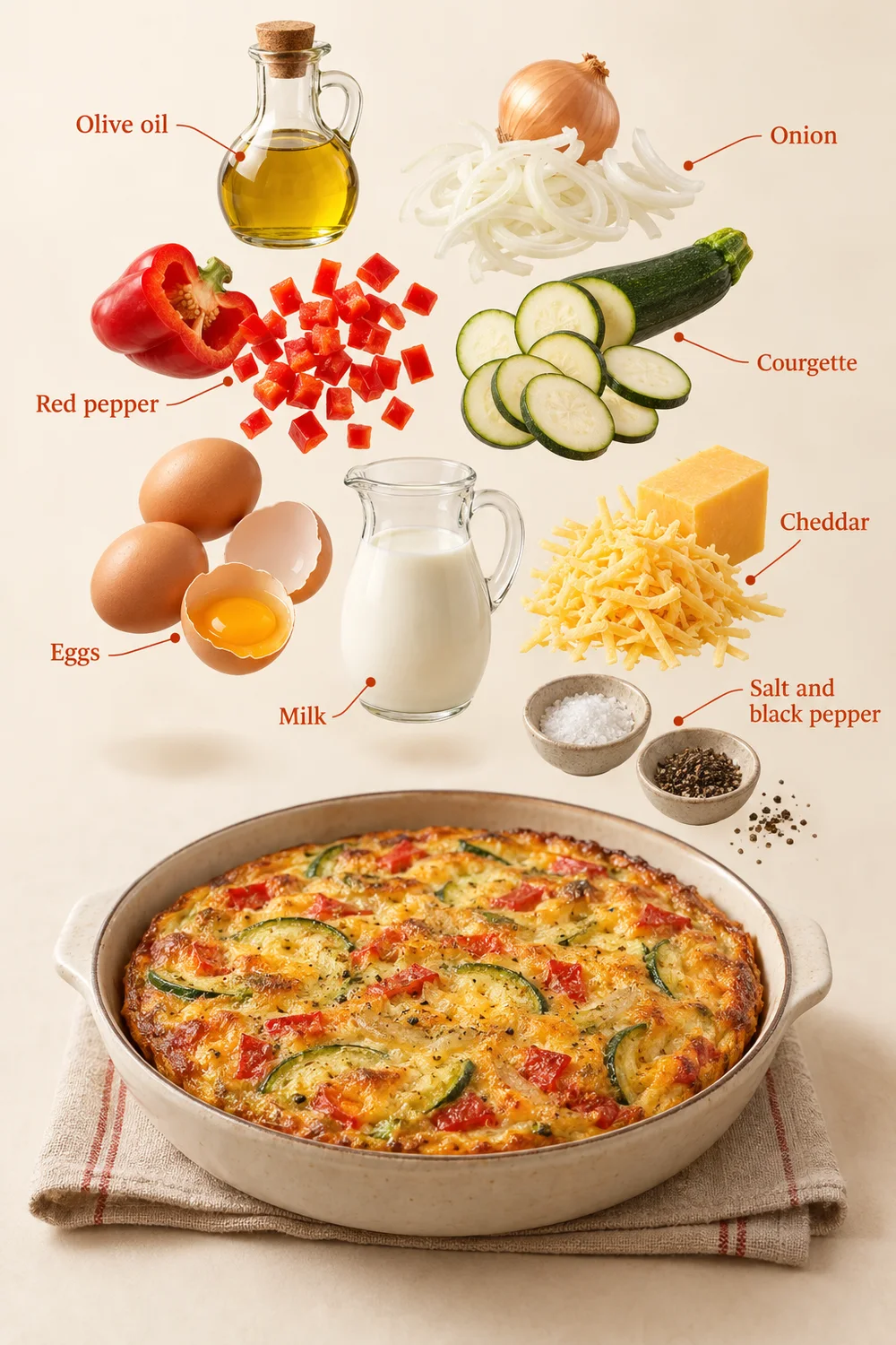 Exploded ingredient illustration for vegetable frittata; the written recipe provides the full list and quantities.