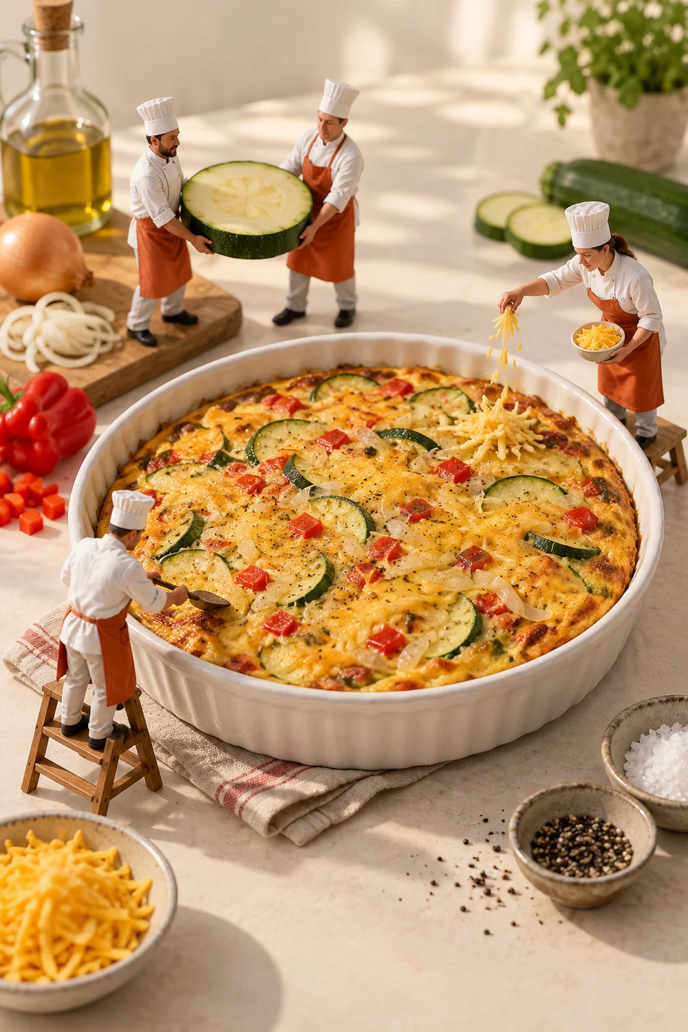 Miniature chefs preparing vegetable frittata in a warm cream kitchen.