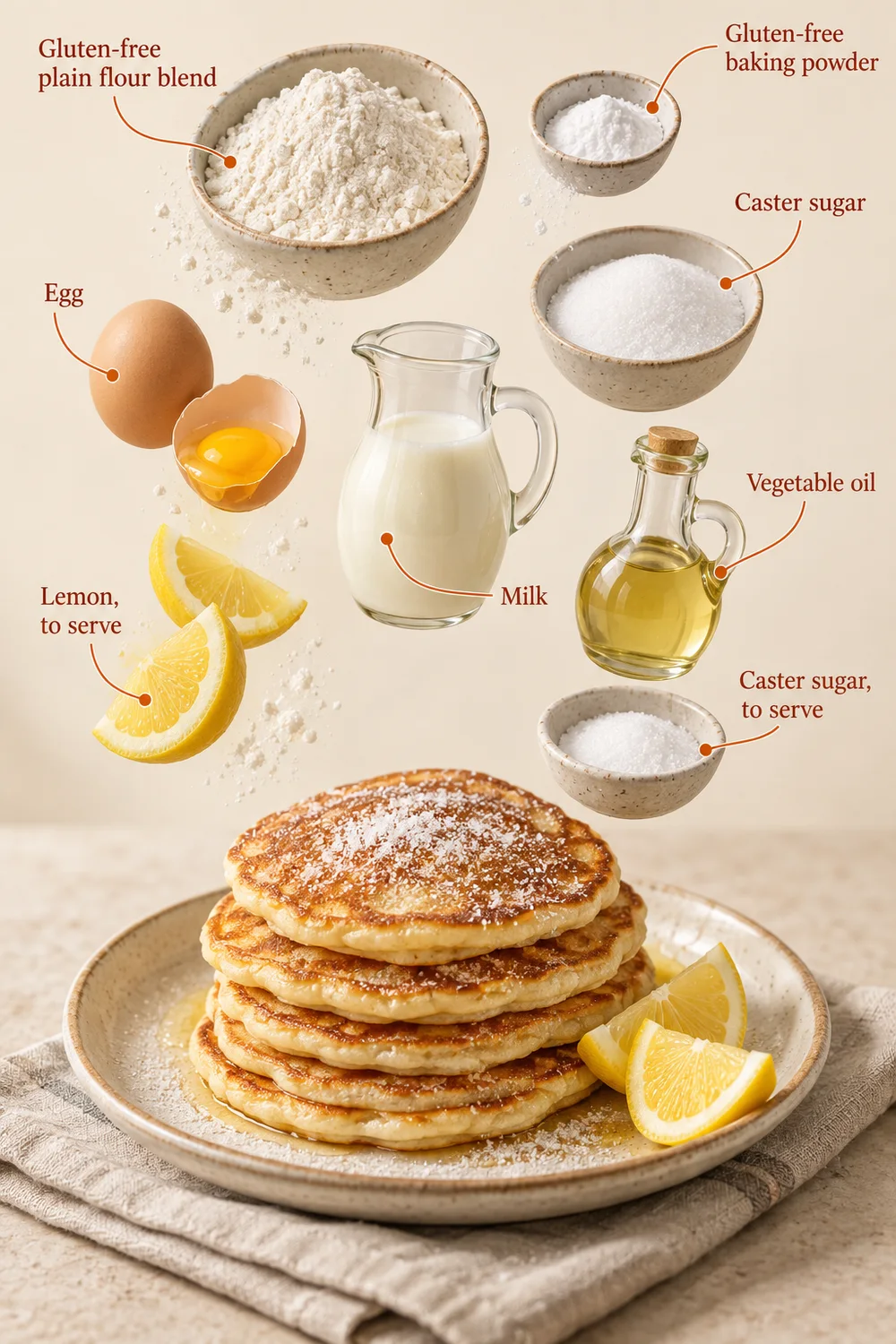 Exploded ingredient illustration for weekend pancakes; the written recipe provides the full list and quantities.