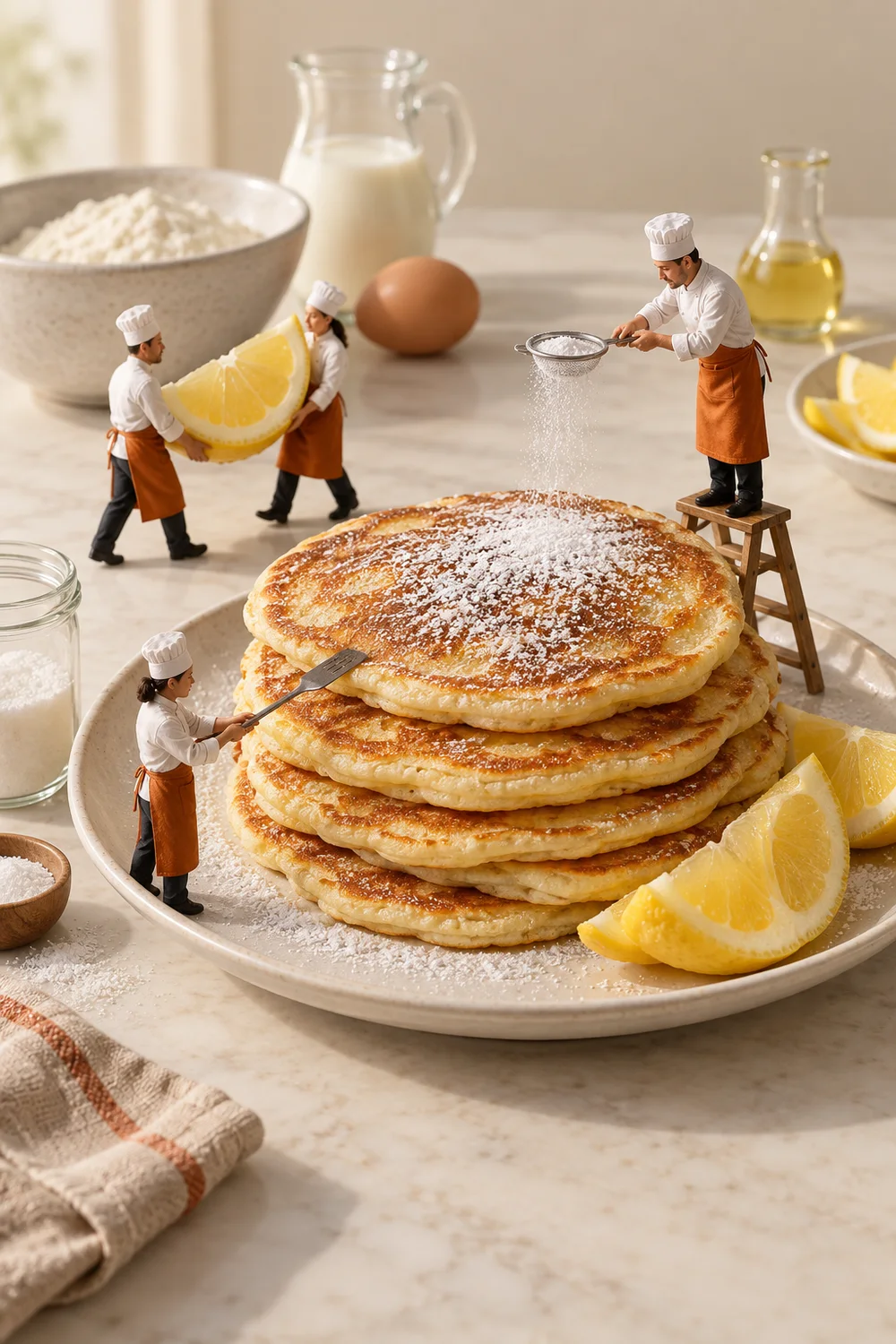 Miniature chefs preparing weekend pancakes in a warm cream kitchen.